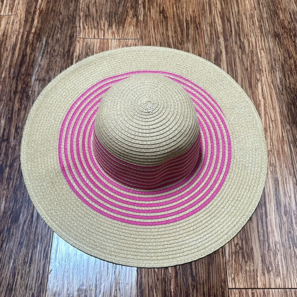 LOFT pink tan stripe woven straw wide brim floppy sun hat size small/medium